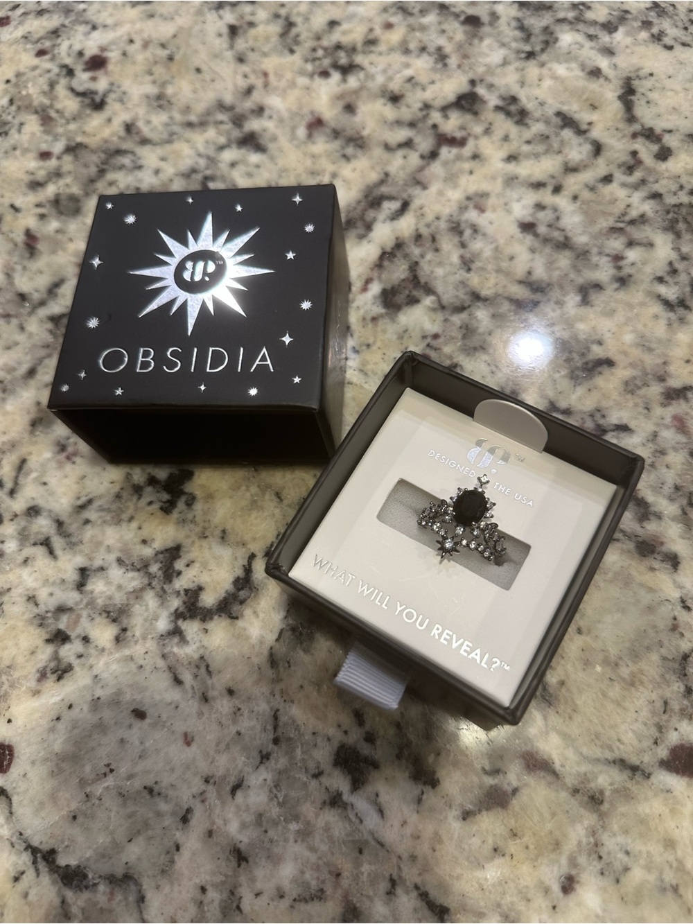 Bomb Party: Obsidia Galactic Halo Ring Black Obsidian On Rhodium & Hematite Sz 7